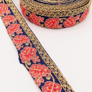 Navy Blue Trim with Floral Embroidery Salmon Pink Embroidered Leaves Trim, Decorative Trim, Indian Border